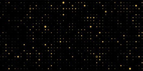Abstract luxury banner with golden glittering dots on black background. Sparkling glitter bottom border, vector frame. Halftone effect. Magical gold dust. Pop art style backdrop.