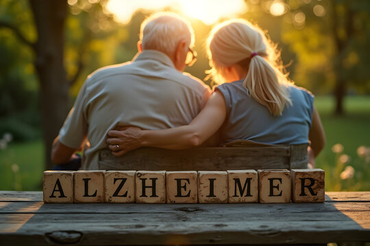 Senior Couple Embracing at Sunset with Wooden Alzheimer Blocks on Table