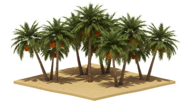 Lush Date Palm Grove with Ripe Orange Fruits on Sandy Patch Transparent Background