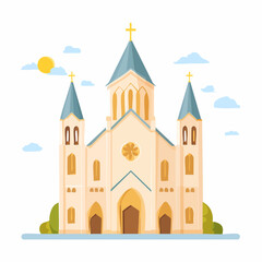 Illustration of a detailed church building with a blue roof, golden cross and sunshine