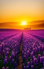 Obraz premium Breathtaking sunset over a vast lavender field with vibrant purple blooms under an orange sky