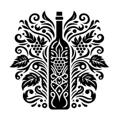 Fototapeta premium Bottle of wine surrounded by decorative grapevine silhouette 