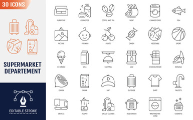 Supermarket Departments Line Editable Icons set. Containing food, household goods, cosmetics, sports and health, and more. Vector illustration