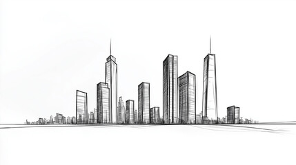 Fototapeta premium A black and white sketch of a city skyline with tall buildings and towers