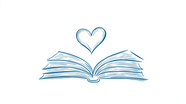 Open book with heart illustration in blue on a white background design