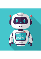 Cute robot friend with big blue eyes and antennae on a teal background