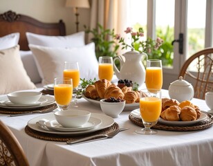 A lavish breakfast spread on a table in a charming bedroom