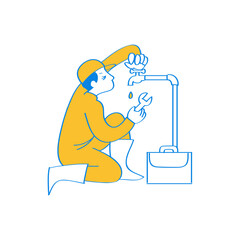 Plumber. Plumber fixing a leaky faucet with tools isolated on transparent background.