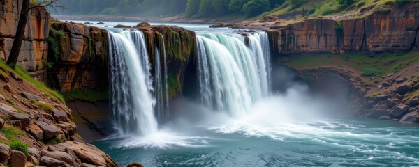 a waterfall develops when erosion wears away softer rock beneath harder rock causing the upper layer to collapse and water to plunge down forming a natural cascade or fall.