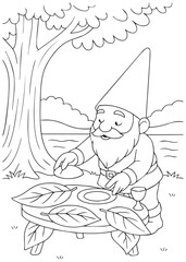 Coloring book gnome preparing food with large leaves on a table.