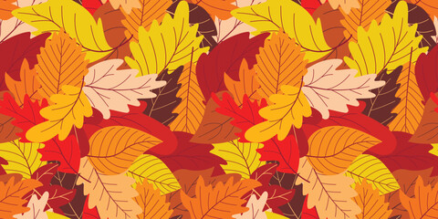 Bright colorful autumn foliage continuous background. Simple pattern of red, orange, yellow, brown leaves. Fall print for textile, background, packaging, autumn warm mood design, vector graphic