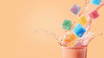 Dynamic Splash of Colorful Jelly Cubes and Water Droplets – Right-Aligned on Pastel Peach Background with Copy Space