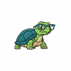 Fototapeta premium A cute cartoon tortoise wearing blue framed glasses with a curious expression