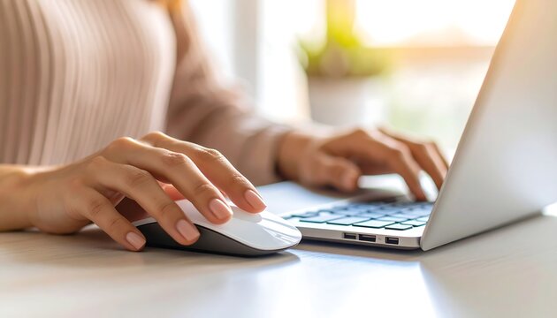Professional woman working from home on a laptop. Close-up on hands typing and using a computer mouse in a sunlit office.