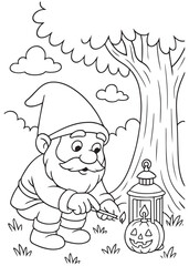 Coloring book gnome carving a pumpkin lantern in the forest.