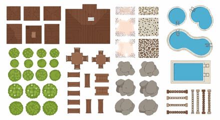 Top View Collection of Garden Elements and Architectural Details for Landscape Design and Recreation Areas