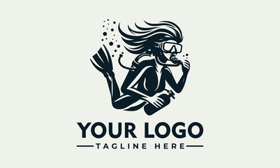 A stylized female scuba diver, hair flowing, underwater, holding an oxygen tank, logo design.