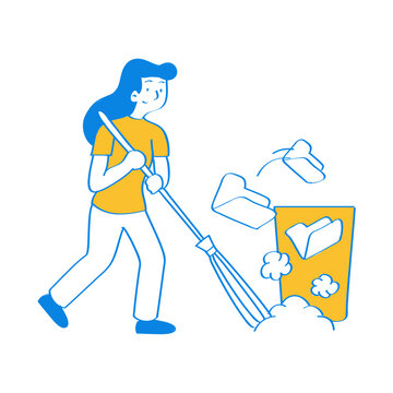 Delete File. Woman sweeping debris into a dustpan and trash can isolated on transparent background.