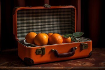 Orange suitcase with oranges. Fruits in suitcase.