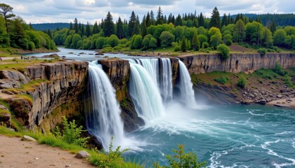 Obraz premium waterfalls occur naturally when river erosion shapes the landscape unevenly producing cliffs or steep slopes where water flows downward in vertical cascades.