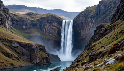 Obraz premium waterfalls develop when glaciers retreat leaving steep rock faces rivers flowing over these faces create vertical drops where water plunges downward forming waterfalls.