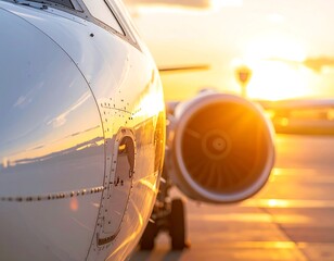 Close-up of an airplane on an airport tarmac at sunset, the golden light reflecting off the fuselage and jet engine.