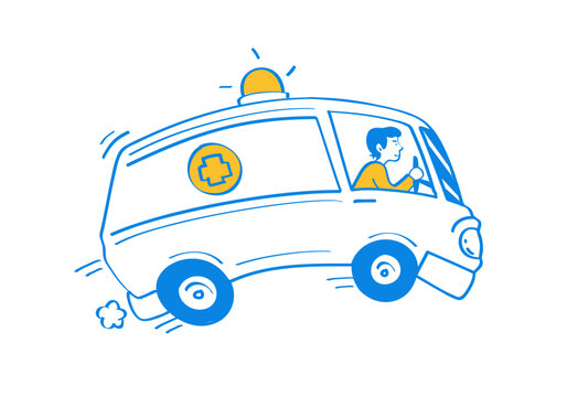 Ambulance Driver. Cartoon ambulance with driver and medical symbol isolated on transparent background.