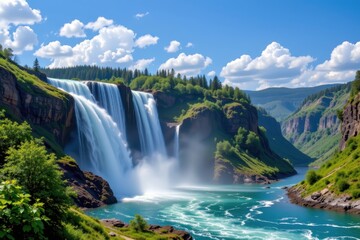 Fototapeta premium waterfalls occur when rivers cross sudden drops in elevation caused by geological faults or erosion leading to vertical plunges of water in nature.