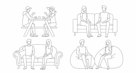 People sitting together in casual settings like a picnic table a sofa and beanbag chairs in a simple line art style