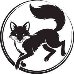 Elegant Silhouette of a Fox Leaping Through a Circular Frame Vector Art Illustration