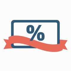 A percentage sign displayed on a white board framed by blue with a red ribbon below indicating a sale or discount promotion