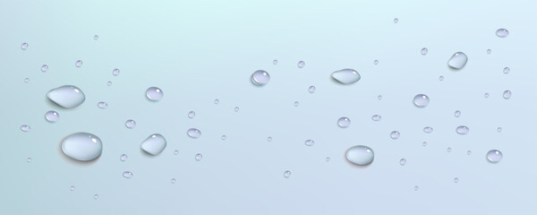 Rain transparent drops flow down the glass.Realistic wet condensation texture.Fresh water splash effect on the surface.Liquid spreading droplet shapes.