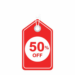 Bright red sale tag with fifty percent off discount offer displayed on white background