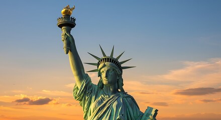 Fototapeta premium The Statue of Liberty in New York City with its golden torch glowing against a beautiful sunset sky, a powerful symbol of freedom.