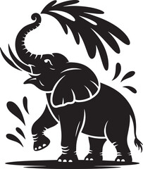 Elephant Silhouette Splashing Water with Trunk Up on Transparent Background Vector Art