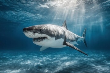 Fototapeta premium Great White Shark Underwater Sunlight Rays and Blue Water