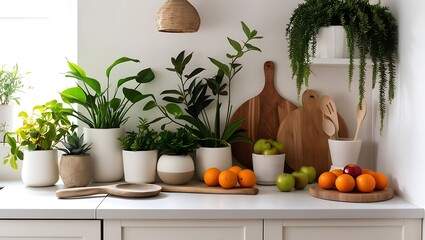 Bright kitchen countertop decor with plants fruits and wooden utensils emphasizing natural elements and fresh vibes in home interior