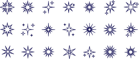 Collection of blue starburst sparkle embellishments isolated on transparent background