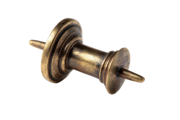 Antique brass bobbin,  a detailed close-up view.  Solid metal construction, circular bobbin with decorative rings,  a pointed spindle on each end