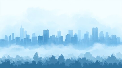 Naklejka premium Misty city skyline, morning fog, urban landscape, peaceful background, ideal for travel brochures