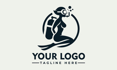 Silhouette of a female scuba diver, tank and fins, logo design.