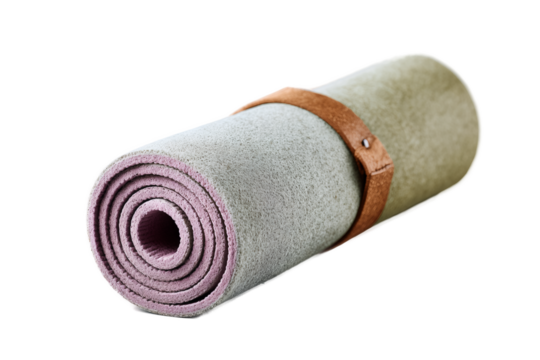 Yoga mat is rolled up and tied with a brown cord