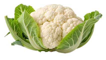 Fresh organic cauliflower with green leaves isolated on black background healthy vegetable food