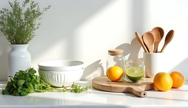 Fresh kitchen ingredients with citrus fruits herbs and wooden cooking utensils in a brightly lit scene - Powered by Adobe