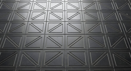 "Dark Metal Panel Floor with Geometric Raised Squares
