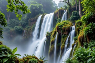 Fototapeta premium the mist from waterfalls nourishes epiphytes and mosses in tropical rainforests creating microhabitats that enhance biodiversity and ecosystem complexity over time.