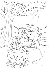 Coloring book little witch stirring a magic potion in a cauldron.
