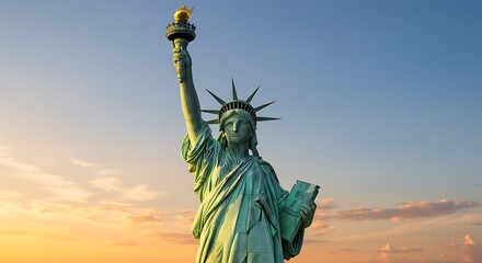 The iconic Statue of Liberty monument standing majestically against a beautiful sunset sky, a symbol of freedom in New York City.