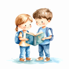 Cute watercolor illustration of a boy and girl with backpacks sharing and reading a book together.