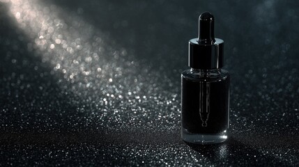 Minimal Black Dropper Bottle on Sparkling Dark Surface – Cosmetic Mockup with Gradient Background